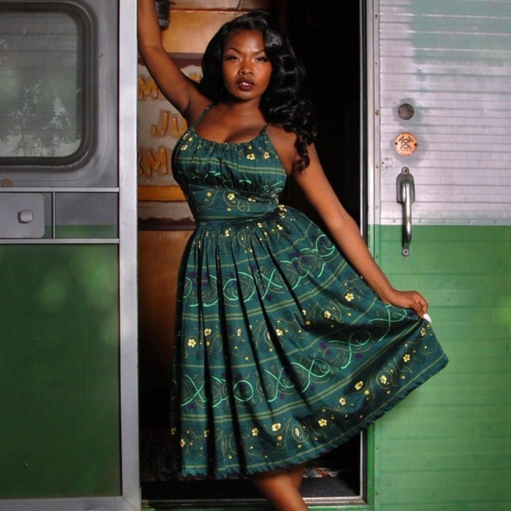 ELLA VINTAGE STYLE SUN DRESS IN CELTIC UNITY SPRUCE COTTON SATEEN PINUP COUTURE